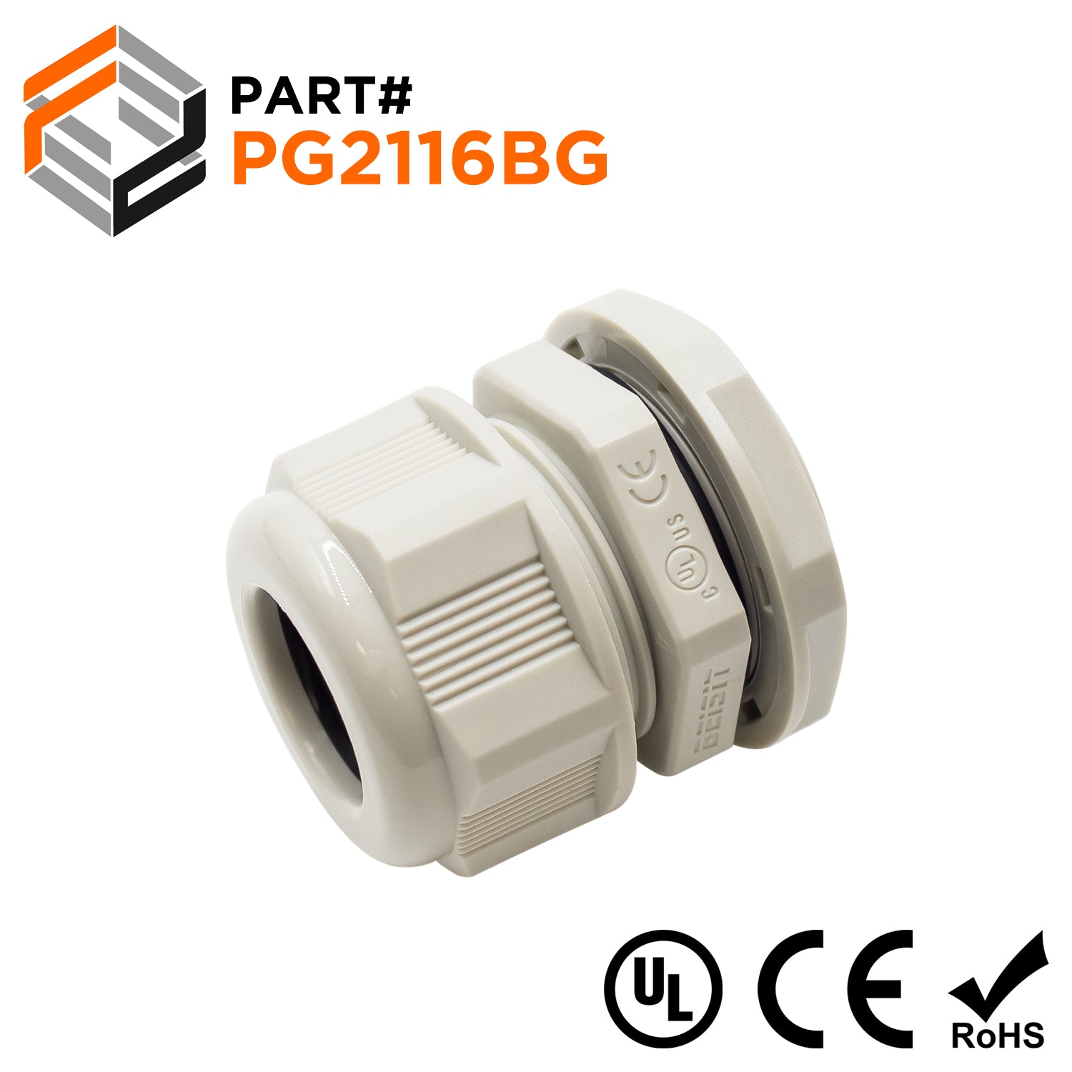 P2116BG - PG21 Thread Nylon Cable Gland, Beige, Range: 3/8" to 5/8", UL Listed, IP68, IP69K - 1 Piece - Ferrules Direct