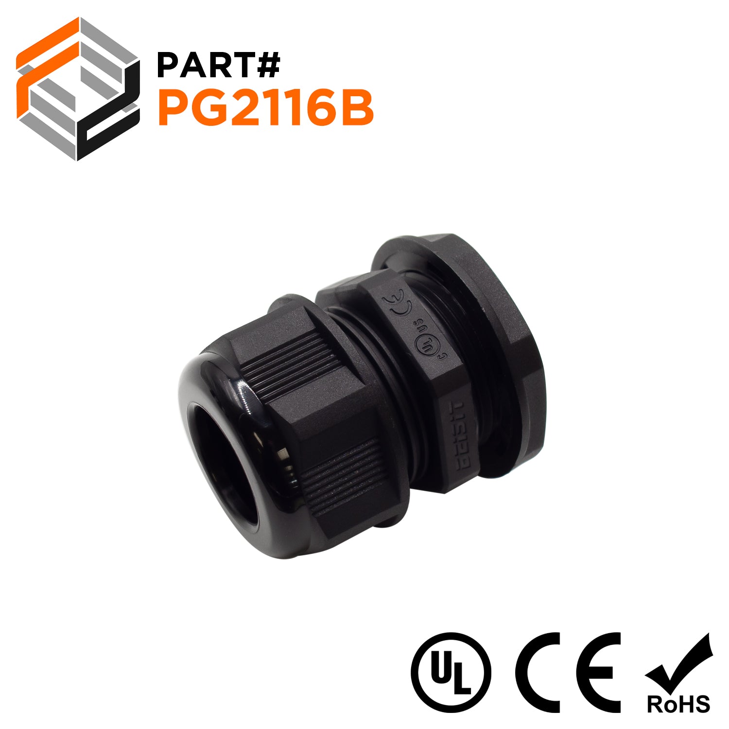 P2116B - PG21 Thread Nylon Cable Gland, Black, Range: 3/8" to 5/8", UL Listed, IP68, IP69K - 1 Piece - Ferrules Direct