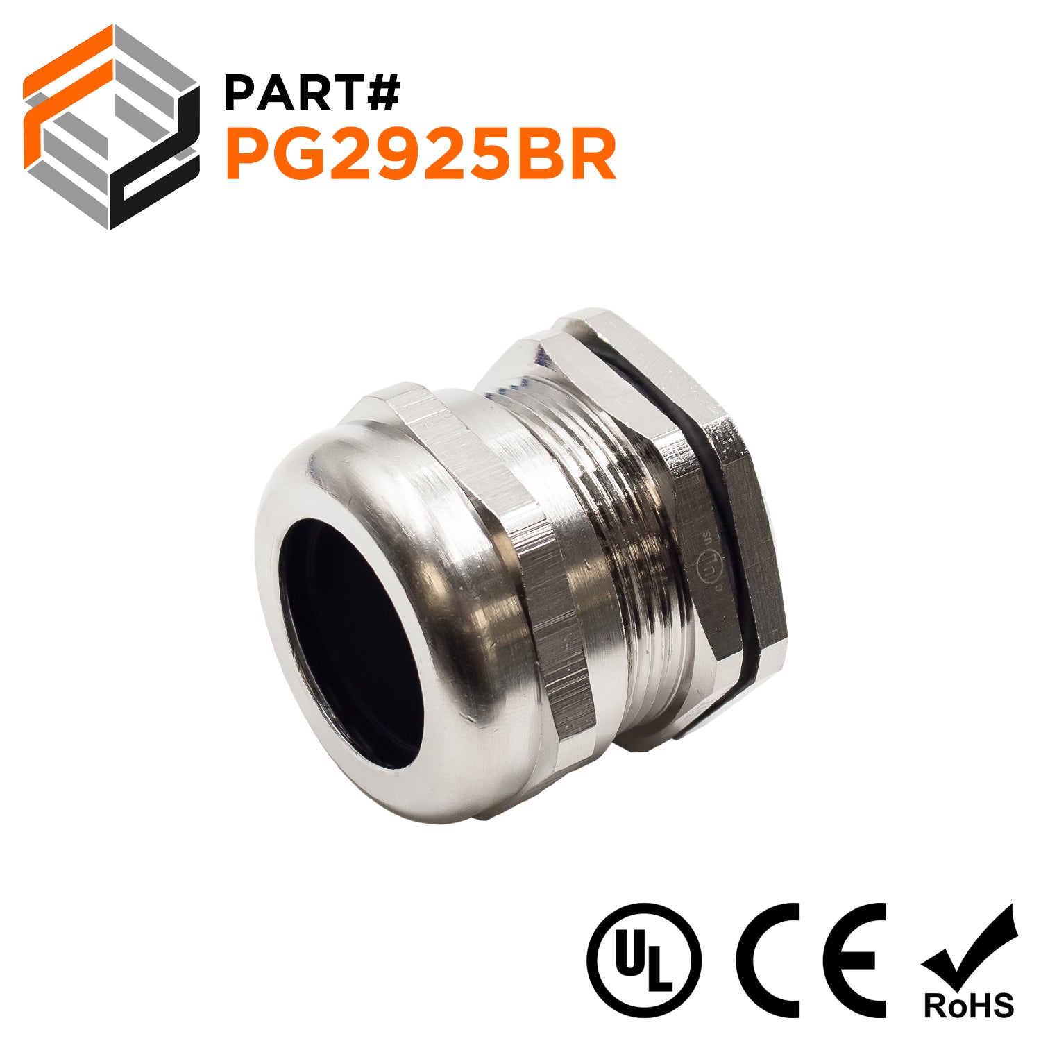 P2925BR - PG29 Thread Plated Brass Cable Gland, Range: 11/16" to 1", UL Listed, IP68, IP69K - 1 Piece - Ferrules Direct