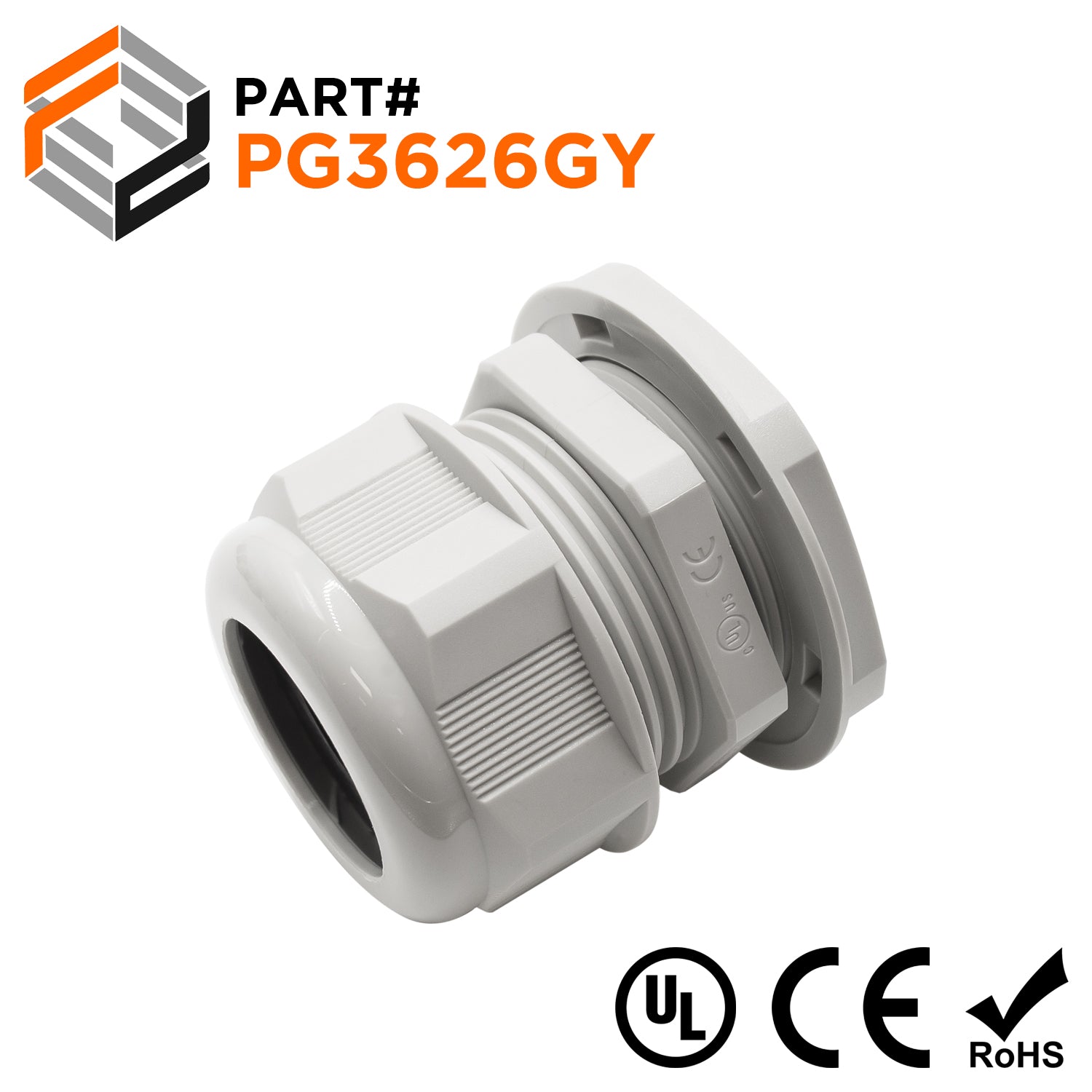 P3626GY - PG36 Thread Nylon Cable Gland, Gray, Range: 13/16" to 1", UL Listed, IP68, IP69K - 1 Piece - Ferrules Direct