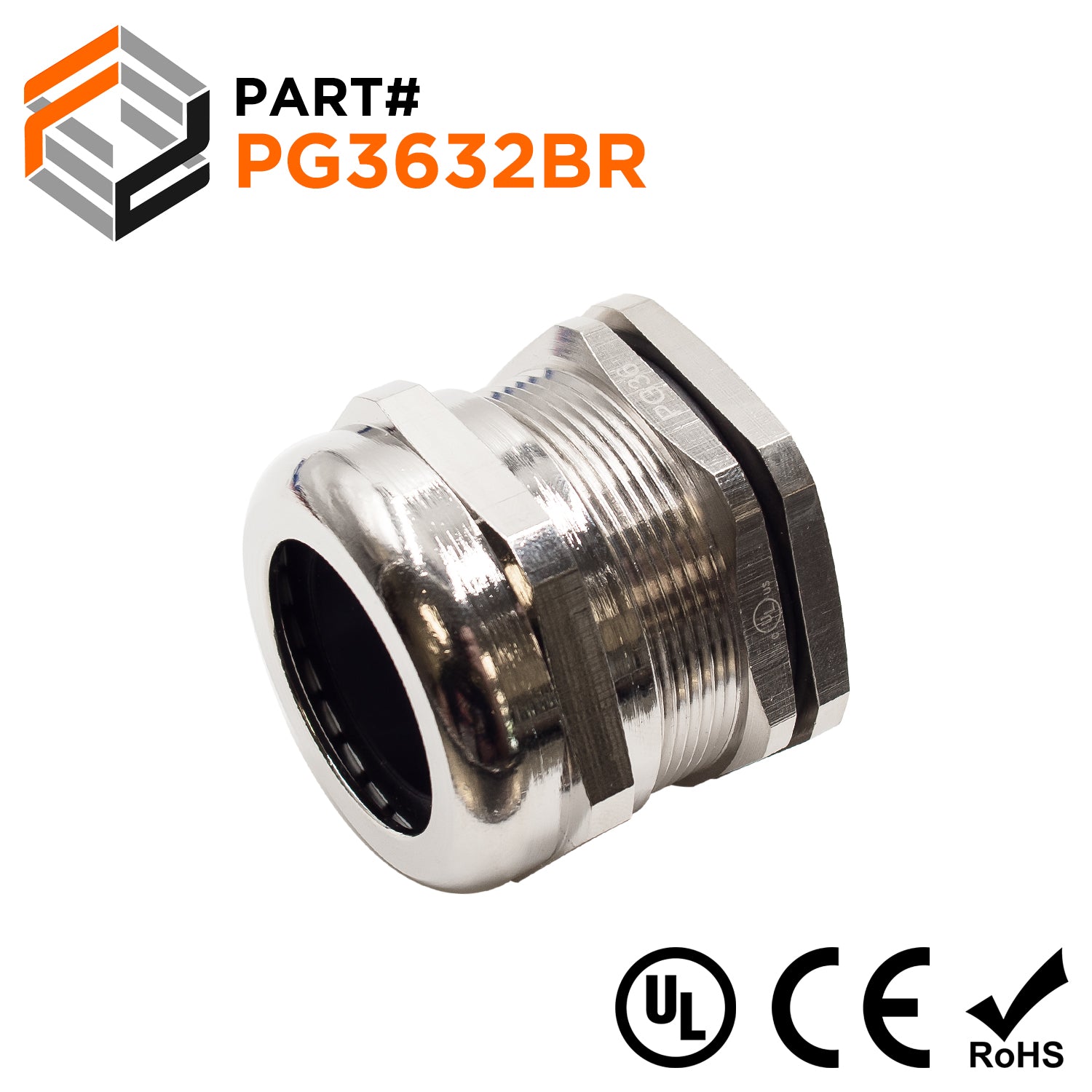 P3632BR - PG36 Thread Plated Brass Cable Gland, Range: 7/8" to 1-1/4", UL Listed, IP68, IP69K - 1 Piece - Ferrules Direct
