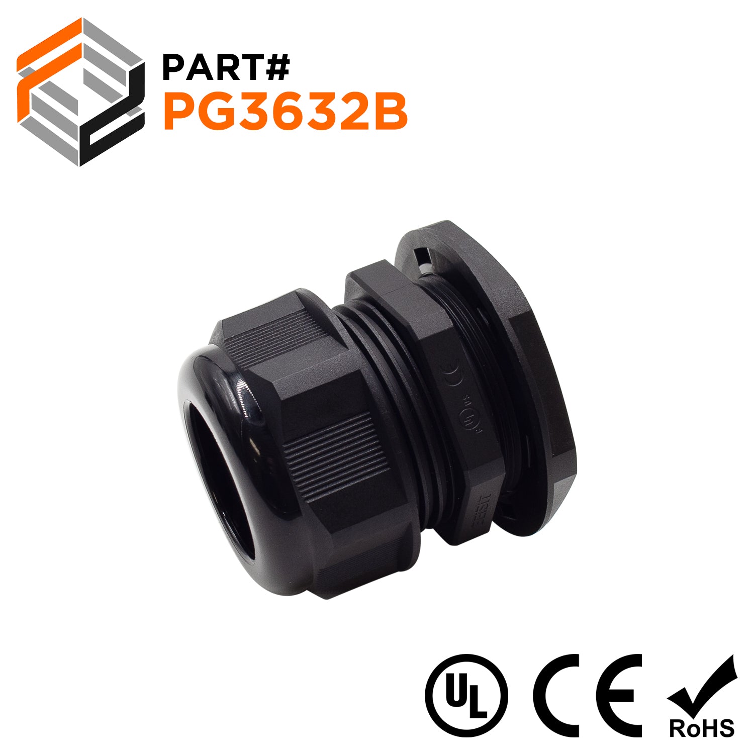 P3632B - PG36 Thread Nylon Cable Gland, Black, Range: 7/8" to 1-1/4", UL Listed, IP68, IP69K - 1 Piece - Ferrules Direct