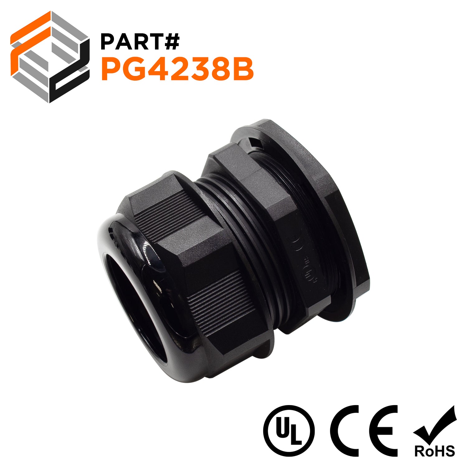 P4238B - PG42 Thread Nylon Cable Gland, Black, Range: 1-1/4" to 1-1/2", UL Listed, IP68, IP69K - 1 Piece - Ferrules Direct