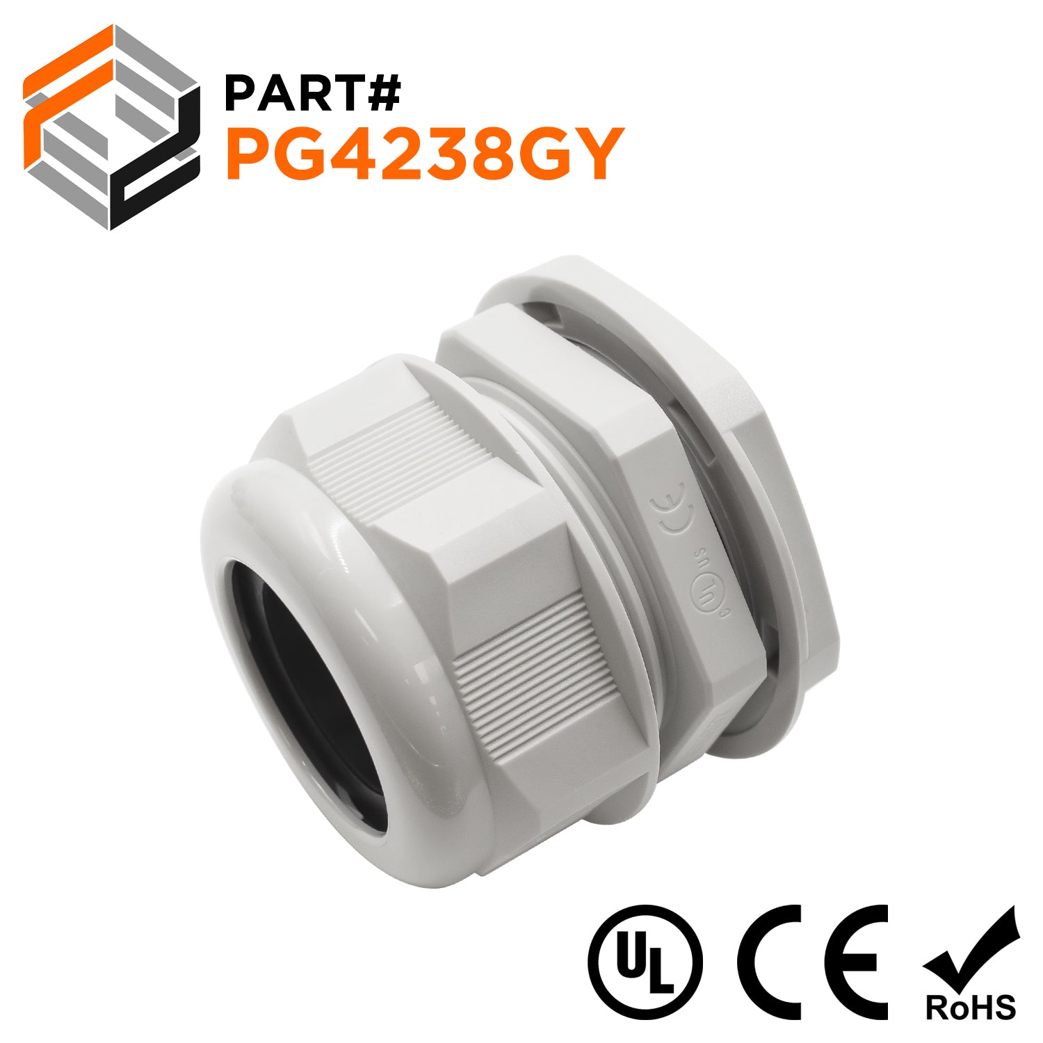 P4238GY - PG42 Thread Nylon Cable Gland, Gray, Range: 1-1/4" to 1-1/2", UL Listed, IP68, IP69K - 1 Piece - Ferrules Direct