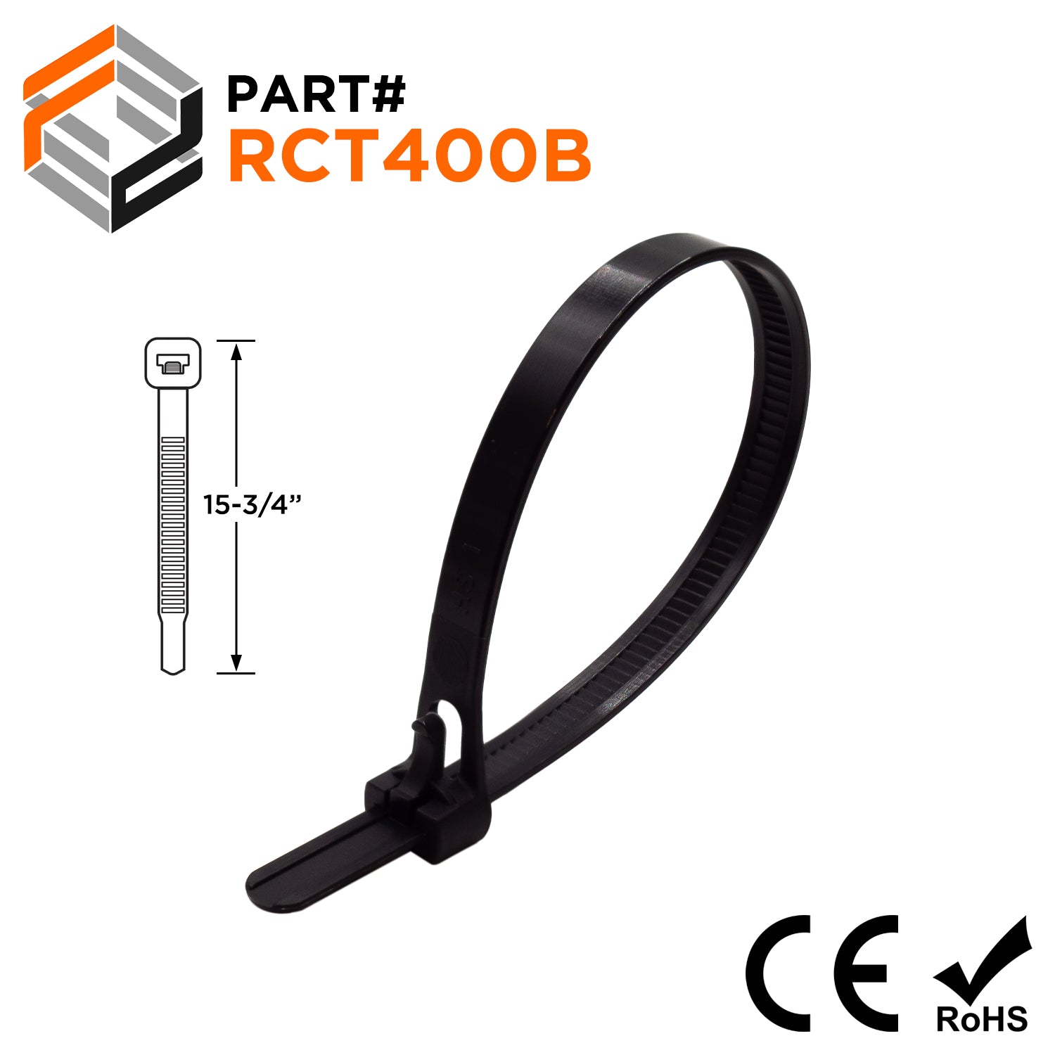 RCT400B - 15-3/4" Reusable Cable Ties, 50-lb Tensile, Trigger Release, Black, UV Resistant, UL Recognized, 100-Pack - Ferrules Direct
