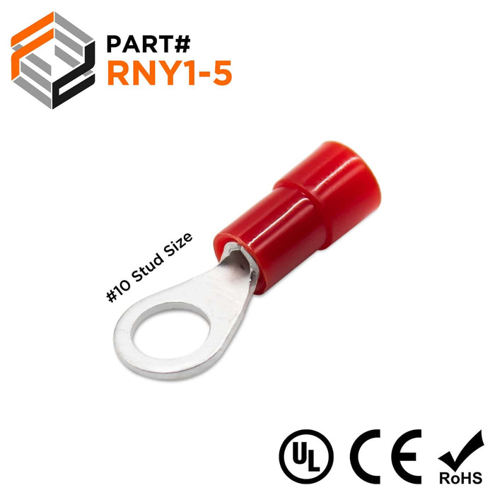 RNY1-5 Nylon Ring Terminals - Standard Crimp 22-16AWG - Stud #10 - Ferrules Direct