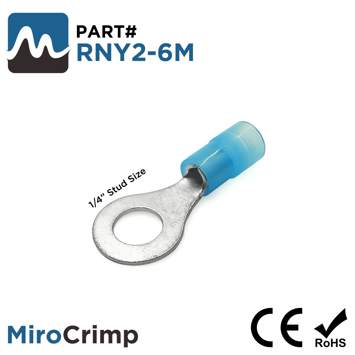 RNY2-6M - 16 to 14 AWG Nylon Insulated Ring Terminals, 1/4" Stud, 100 Pieces