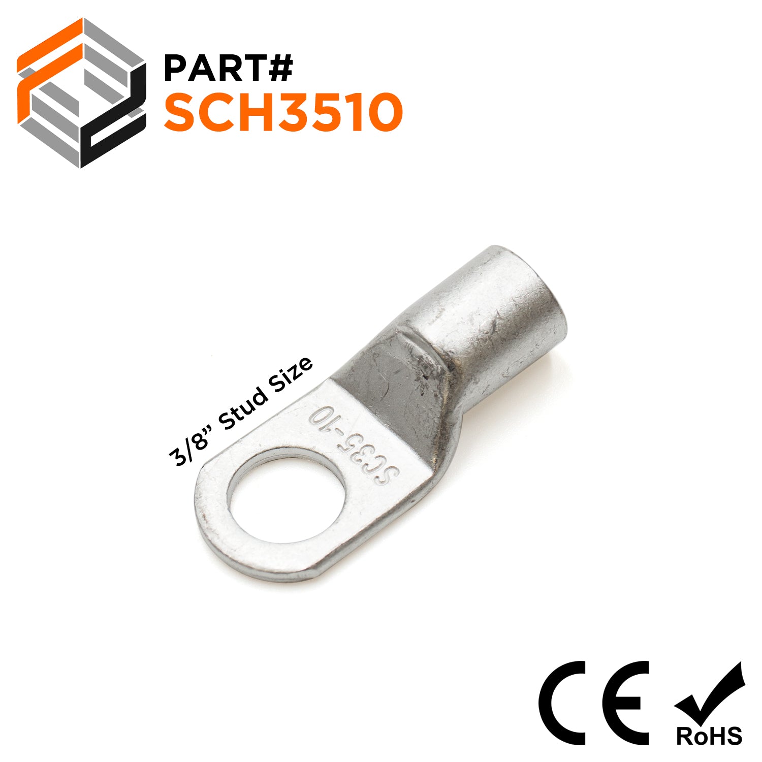 SCH3510 - 2 AWG Non Insulated Tubular Ring Lugs, 3/8" Stud, 25 Pieces