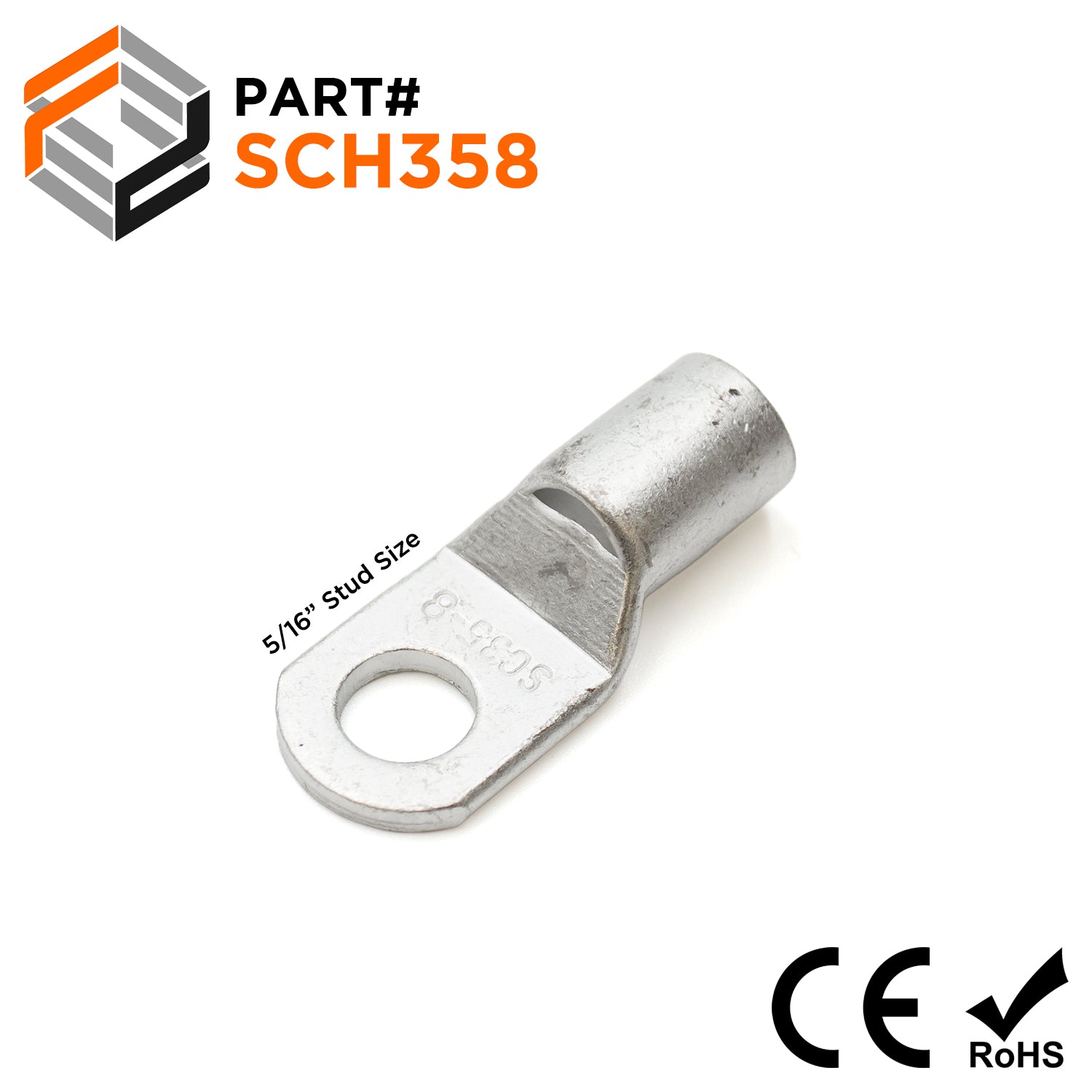 SCH358 - 2 AWG Non Insulated Tubular Ring Lugs, 5/16" Stud, 25 Pieces