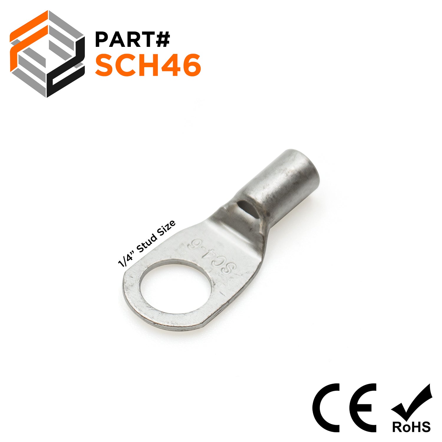 SCH46 - 12 AWG Non Insulated Tubular Ring Lugs, 1/4" Stud, 100 Pieces