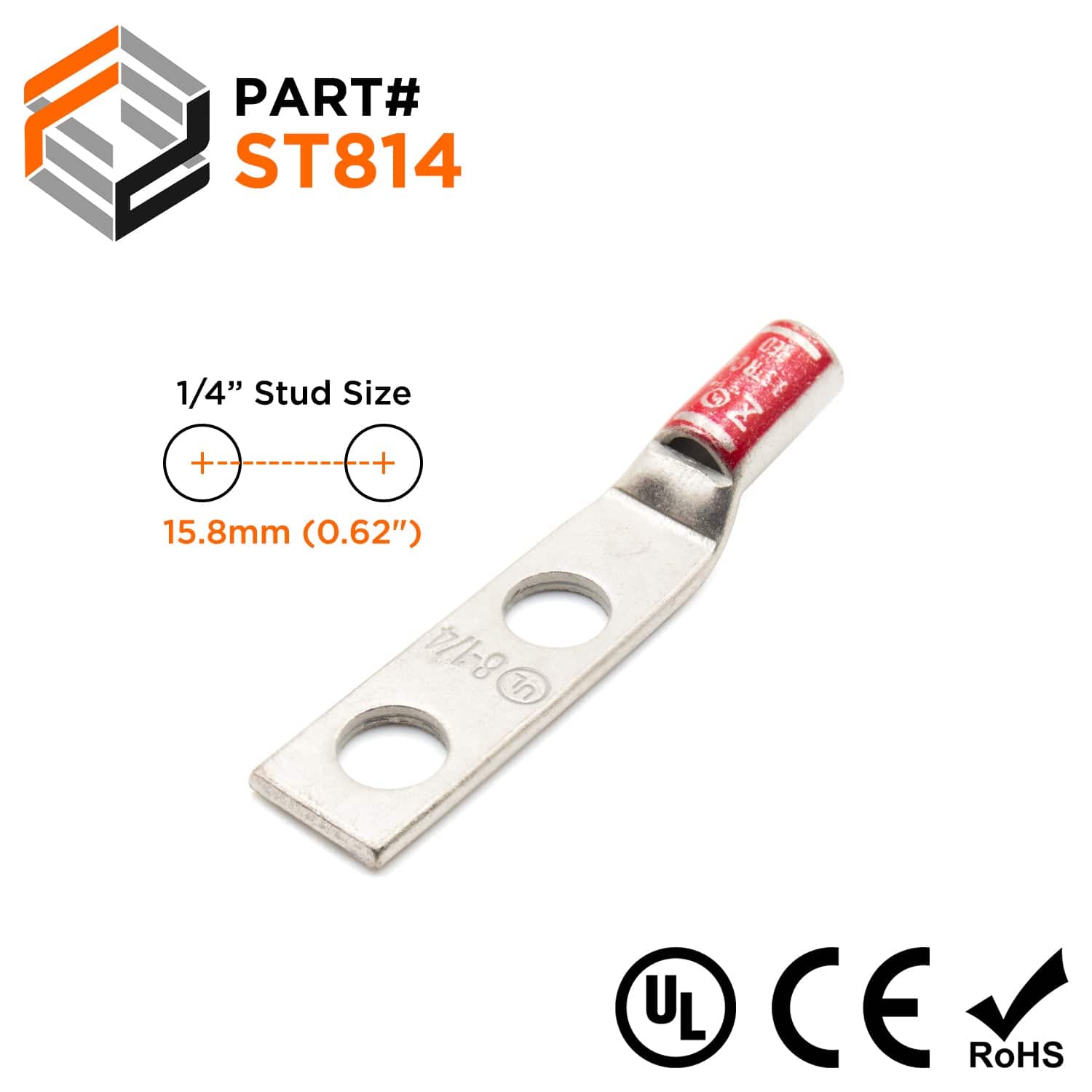 ST814 - 8AWG Compression Lug - 1/4" Stud Size - Ferrules Direct