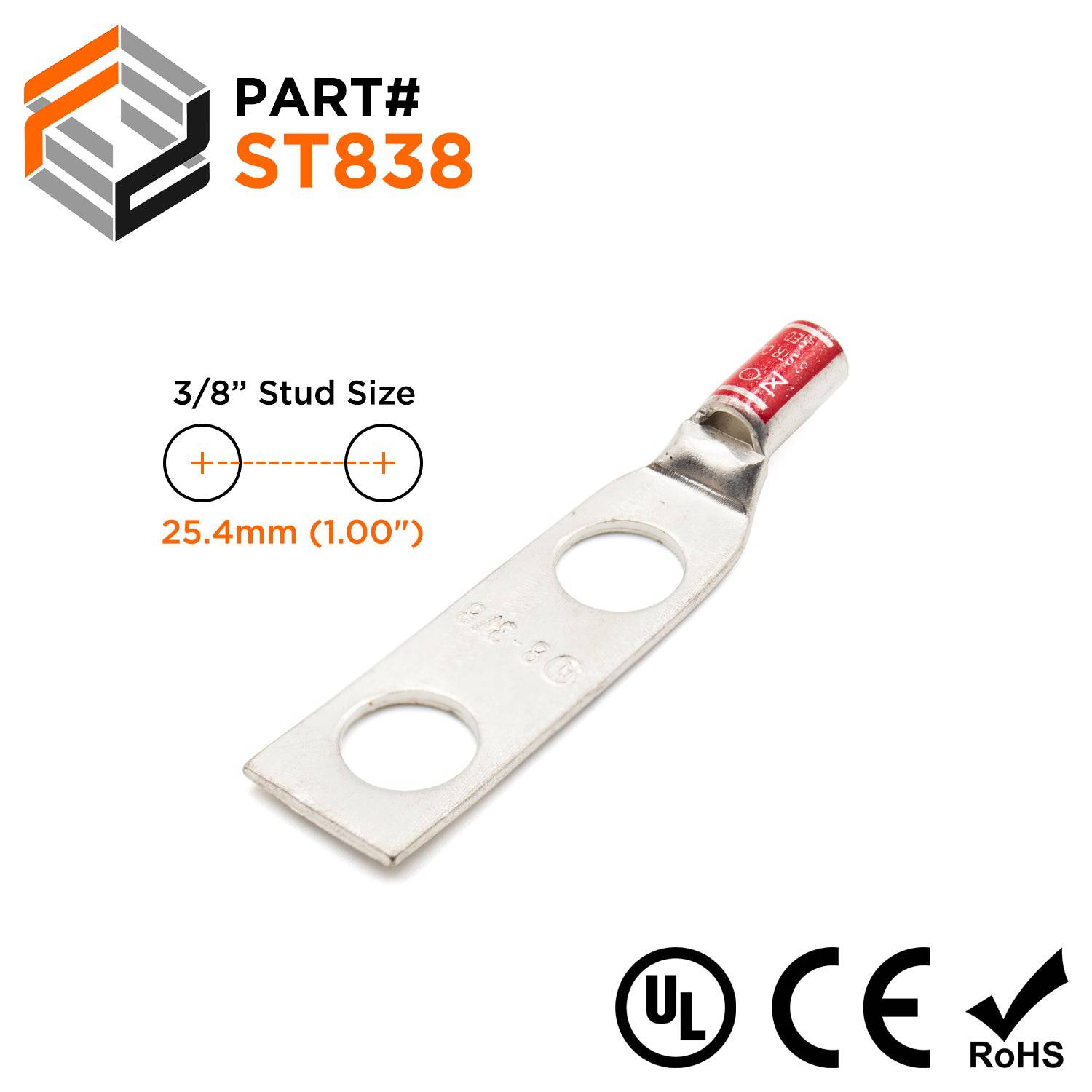 ST838 - 8AWG Compression Lug - 3/8" Stud Size - Ferrules Direct