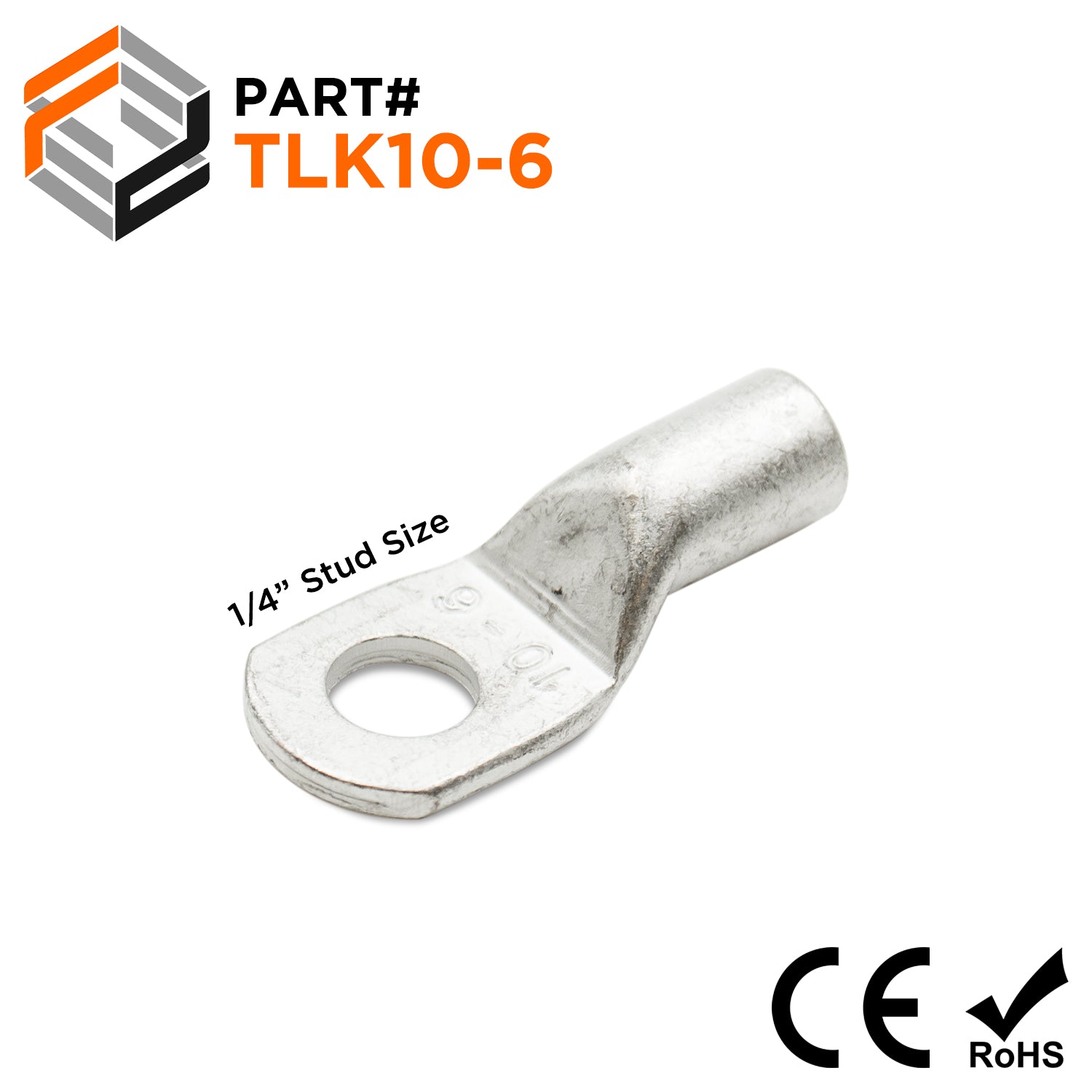 8 AWG Copper Tube Lugs, 1/4" Stud, Tin Plated - 1/4" Stud, 25 Pieces - TLK10-6 - Ferrules Direct