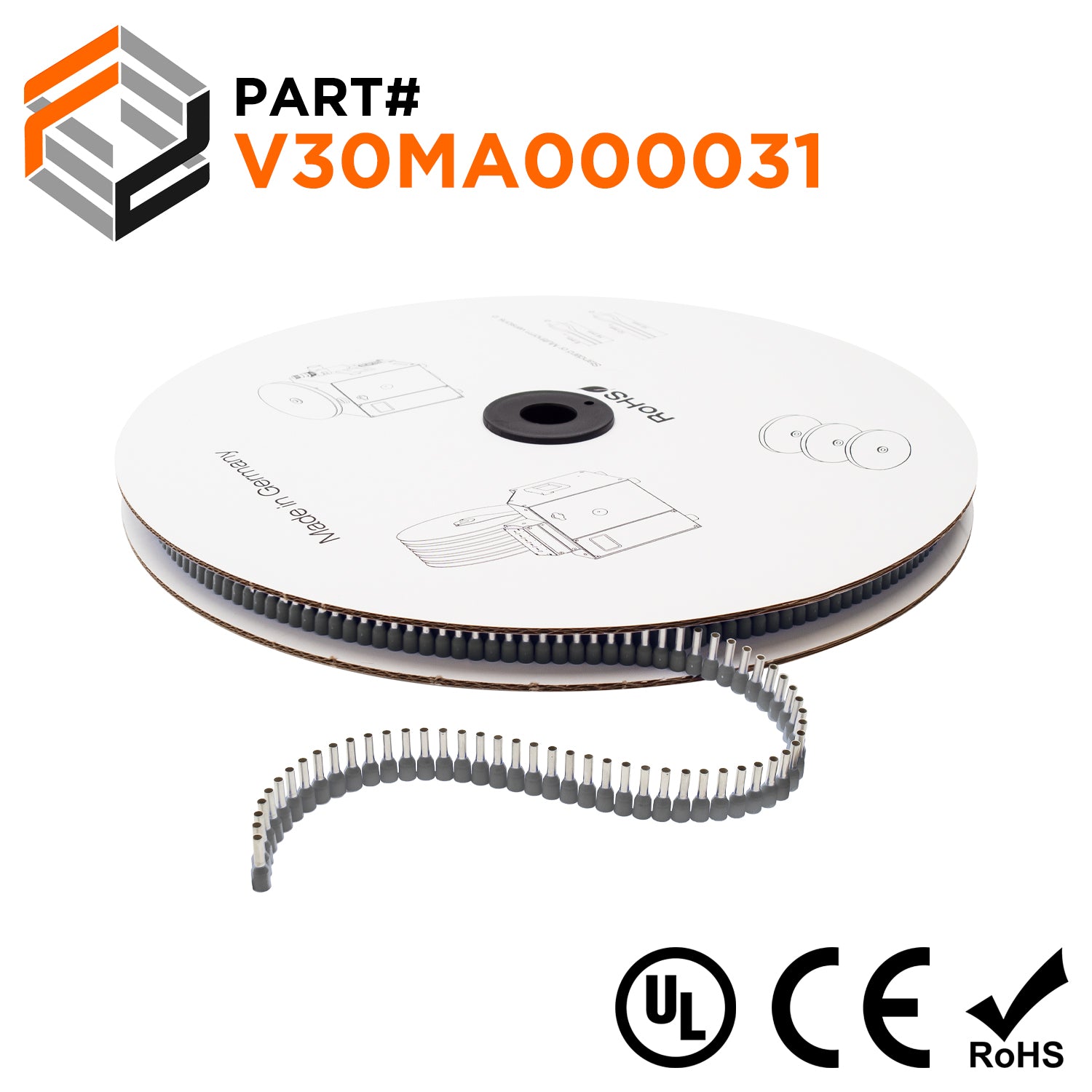 Z+F V30MA000031 - 14 AWG Insulated Wire Ferrules, 8mm Pin, Gray, 3000 pieces Reel/Spool