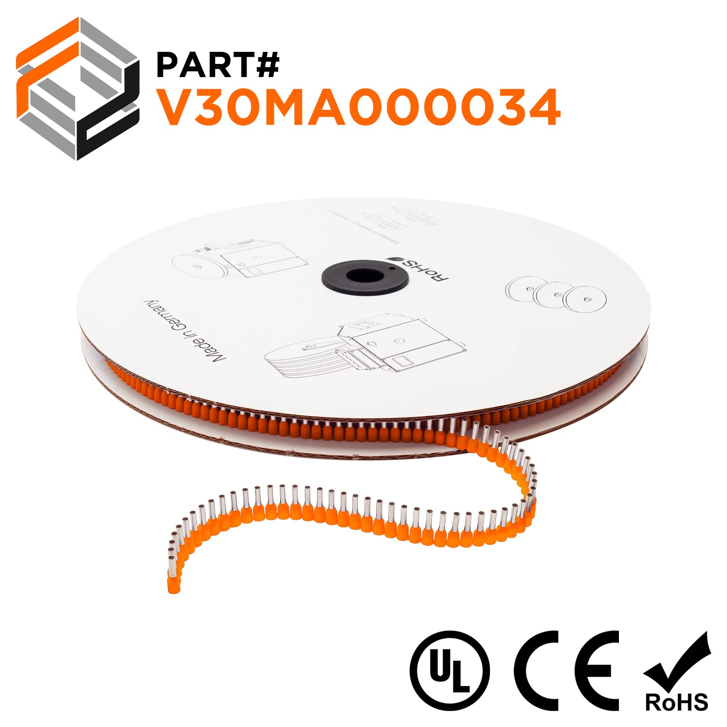 Z+F V30MA000034 - 22 & 20 AWG Insulated Wire Ferrules, 8mm Pin, Orange, 5000 pieces Reel/Spool