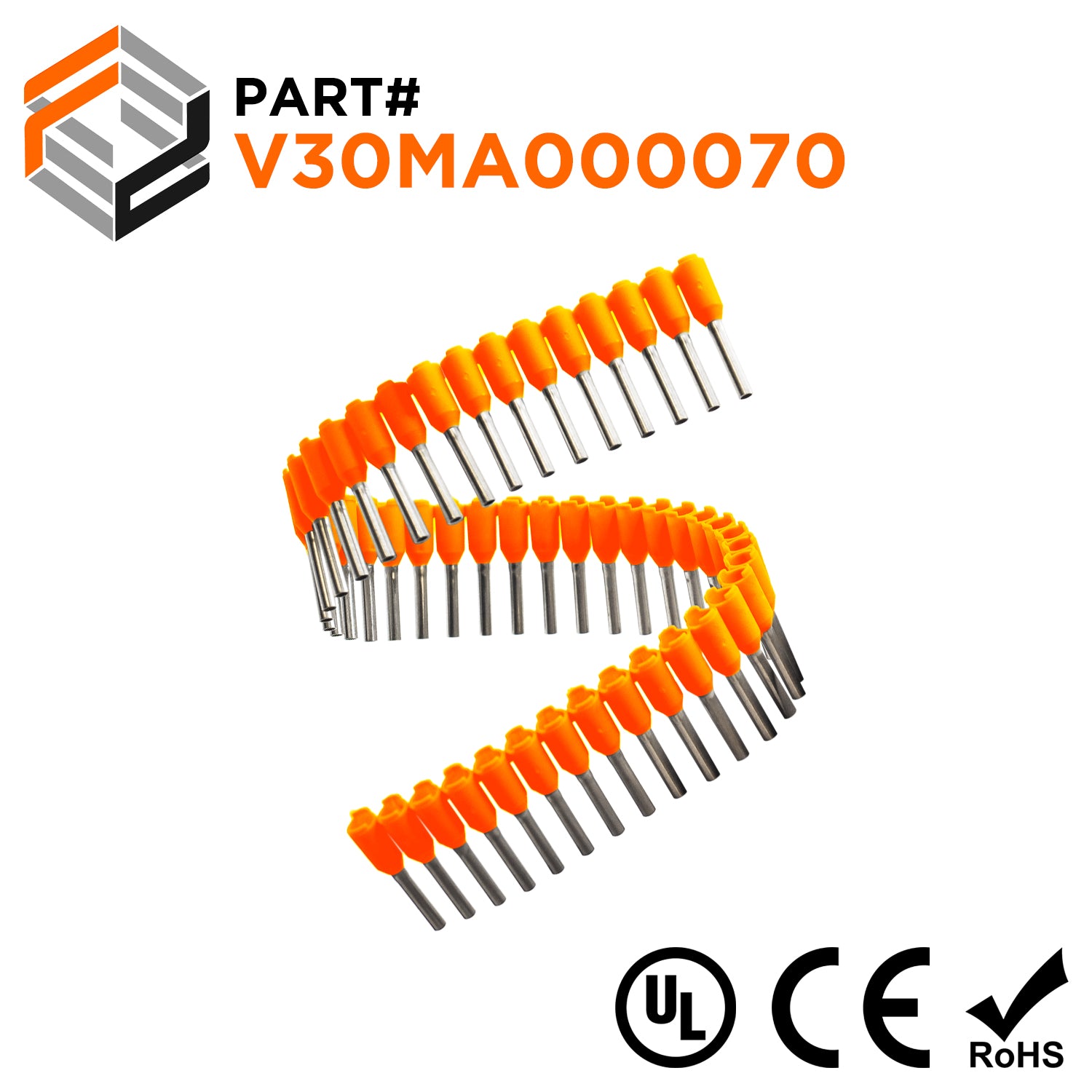 Z+F V30MA000070 - 22 AWG Insulated Wire Ferrules Strips, 8mm Pin, Orange, 500 pieces