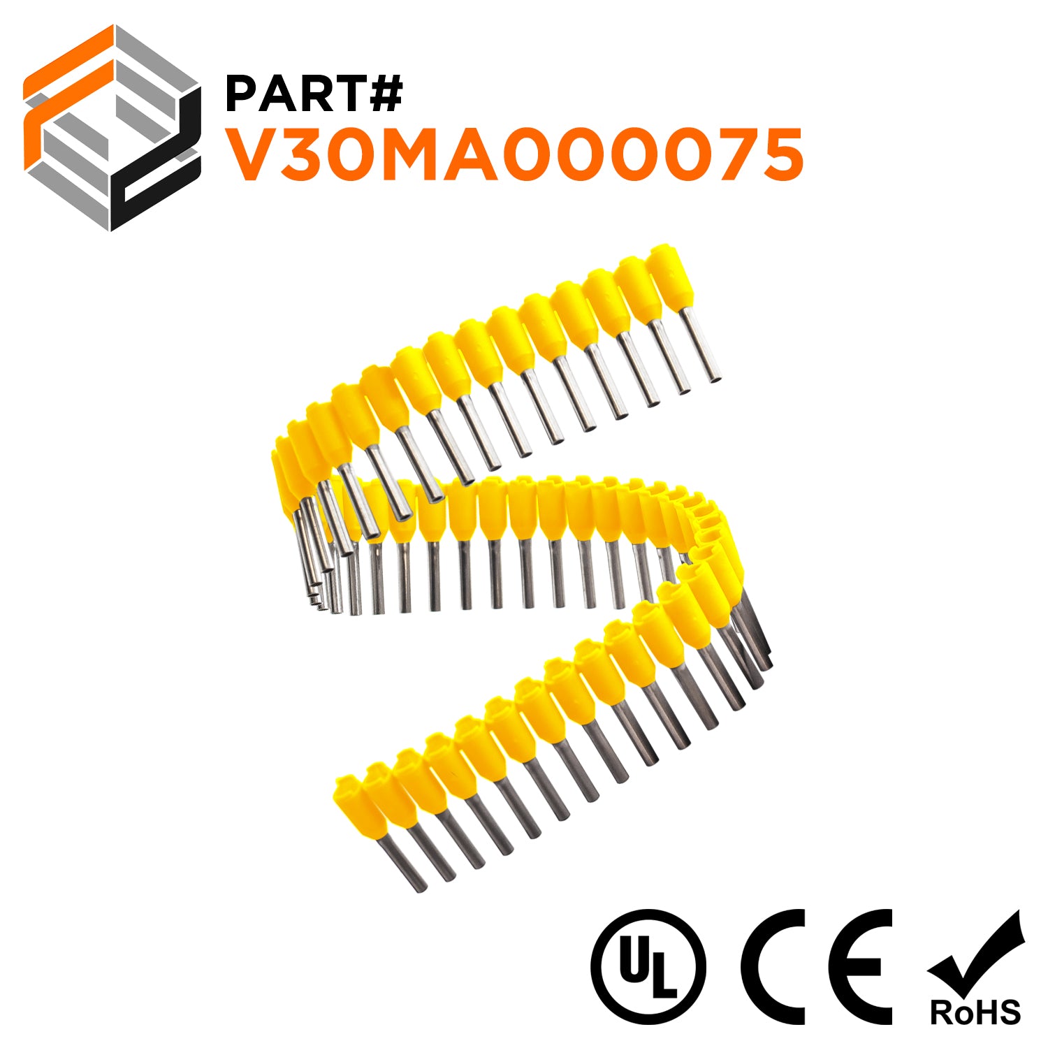 Z+F V30MA000075 - 18 AWG Insulated Wire Ferrules Strips, 8mm Pin, Yellow, 500 pieces