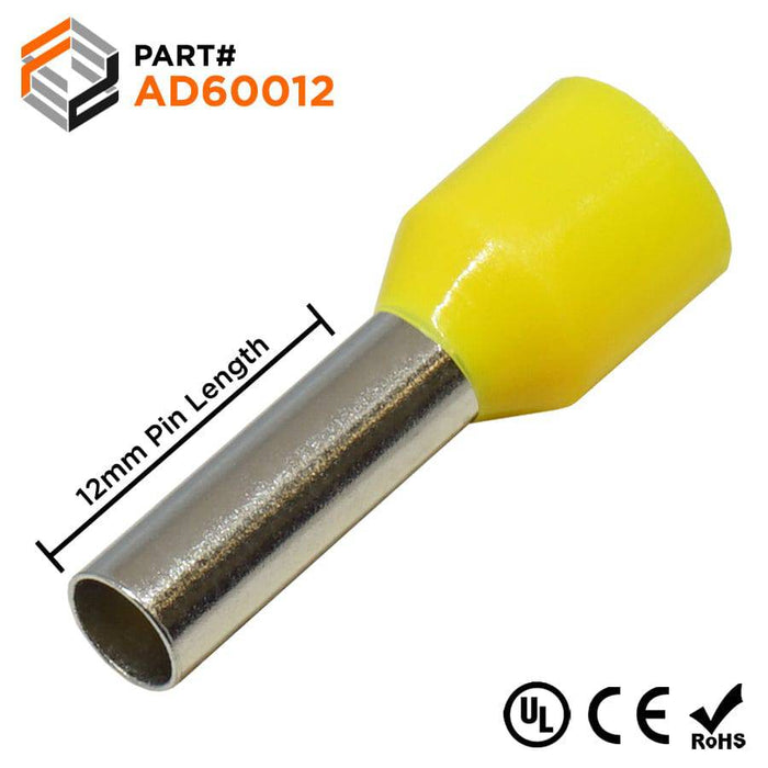 AD60012 - 10 AWG (12mm Pin) Insulated Ferrules - Yellow - Ferrules Direct