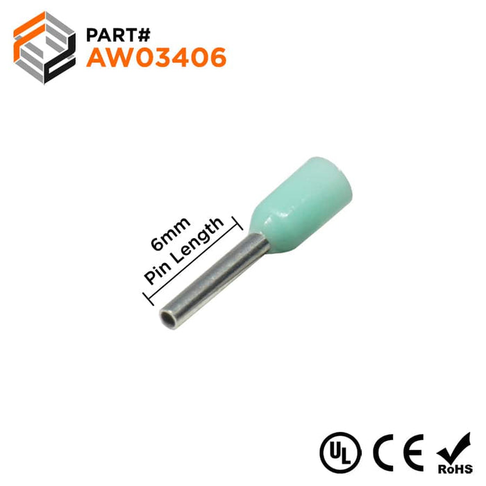 AW03406 - 22 & 24 AWG (6mm Pin) Insulated Ferrules - Turquoise - Ferrules Direct