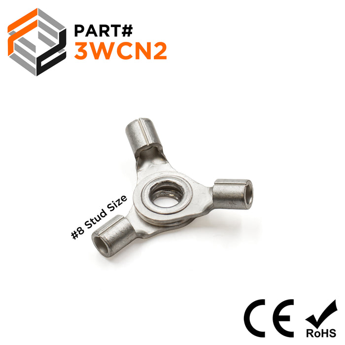 3WCN2 - 16 to 14 AWG Non Insulated 3 Way Ring Terminals, #8 Stud, UL Recognized, 10 Pieces