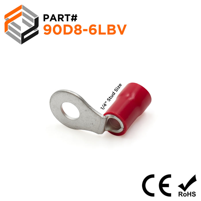 90D8-6LBV - 8 AWG Right Angle PVC Insulated Ring Terminals, 1/4" Stud, 50 Pieces