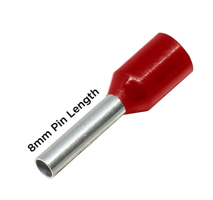 AW15008S - 16 AWG Insulated Wire Ferrules, 8mm Pin, Red, Small Collar, 500 Pieces - Ferrules Direct