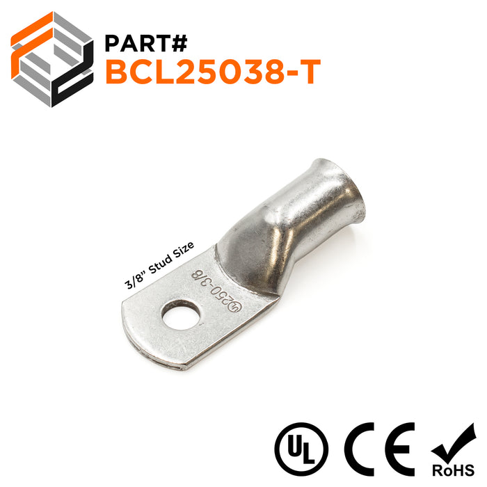 BCL25038-T - 250MCM Tin Plated Copper Battery Cable Lugs, Terminal Lugs, 3/8" Stud, 1 Piece