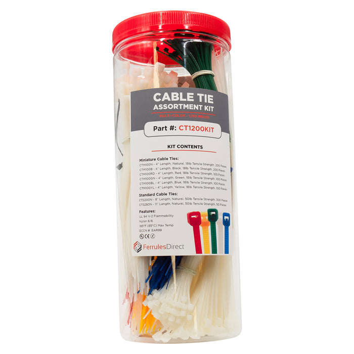 CT1200KIT - 1,150 Piece Cable Ties Assortment Kit, Nylon, 18-50lb Tensile, 1 Kit