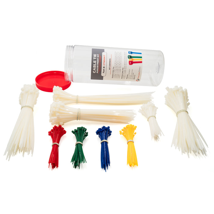 CT650KIT - 650 Piece Cable Ties Assortment Kit, Nylon, 18-50lb Tensile, 1 Kit