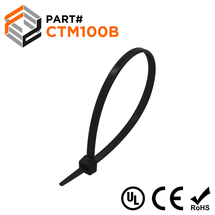 4" Miniature Cable Ties, 18-lb Tensile Strength, Black, UV Resistant, UL Approved, 100-Pack - CTM100B