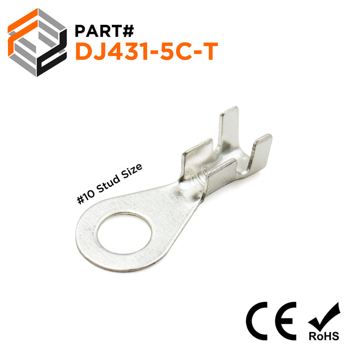 16 to 14 AWG Ring Terminals, #10 Stud, Tin Plated Brass, Open Barrel, 100 Pieces - DJ431-5C-T
