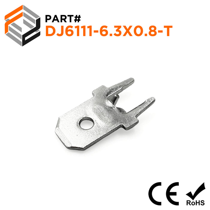 DJ6111-6.3x0.8-T 6.3mm Tab, Quick Connect Male Solder Connectors, Tin Plated Brass, 100 pieces