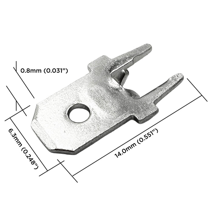 DJ6111-6.3x0.8-T 6.3mm Tab, Quick Connect Male Solder Connectors, Tin Plated Brass, 100 pieces
