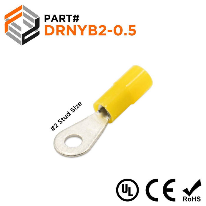 DRNYB2-0.5 - Nylon Ring Terminal Brazed Seam 26-22 AWG Yellow 100/pk - Ferrules Direct