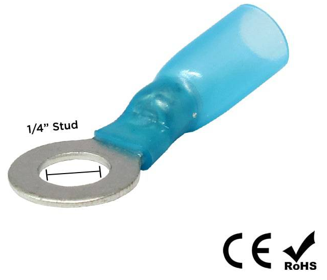 DSB14S - 16 to 14 AWG Heat Shrink Ring Terminals, Small Profile, 1/4" Stud, Polyolefin, 25 Pieces