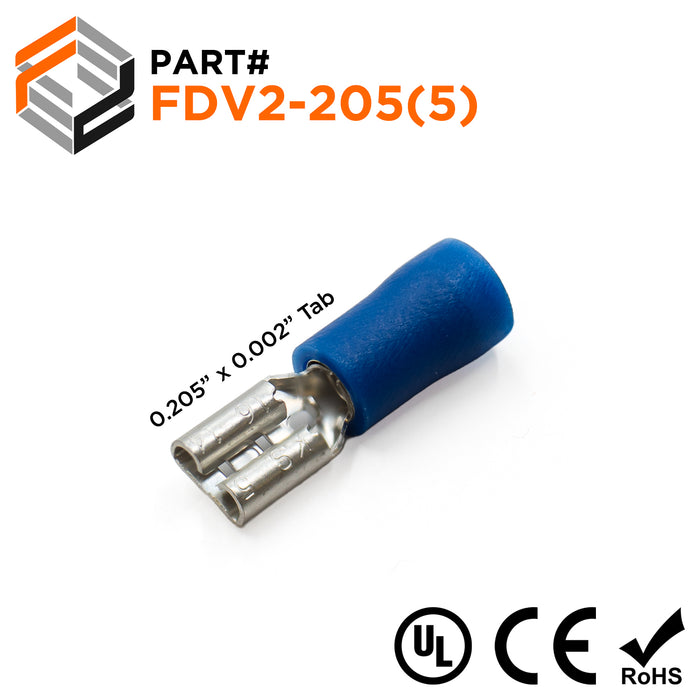 FDV2-205(5) - 16 to 14 AWG Vinyl PVC Insulated Quick Disconnects, Female, Blue, Fully Insulated, 100 Pieces