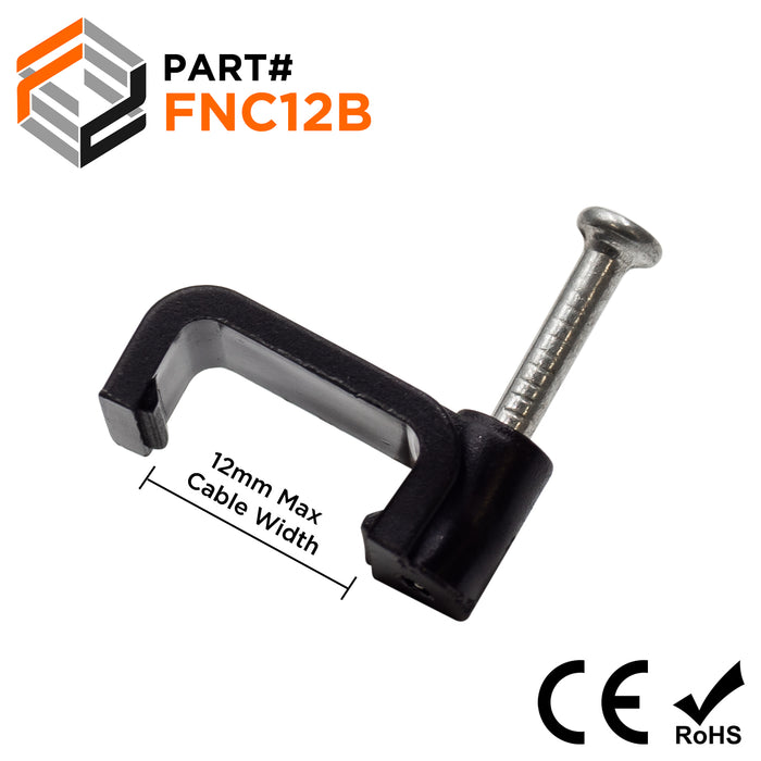 FNC12B - Nail In Cable Clips, Cable Nails Tacks, Flat, 12mm, 0.47", Black, 100 Pieces