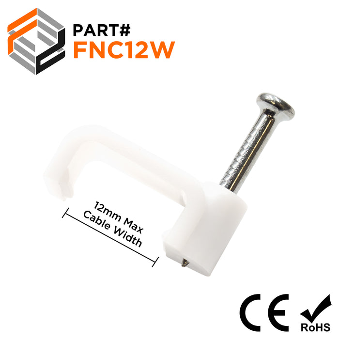 FNC12W - Nail In Cable Clips, Cable Nails Tacks, Flat, 12mm, 0.47", White, 100 Pieces