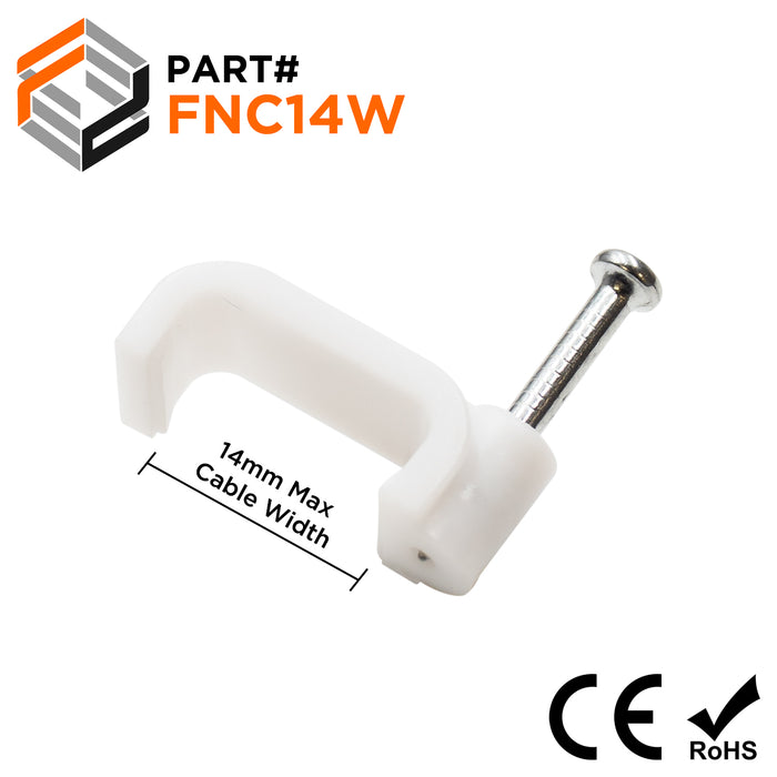 FNC14W - Nail In Cable Clips, Cable Nails Tacks, Flat, 14mm, 0.55", White, 100 Pieces