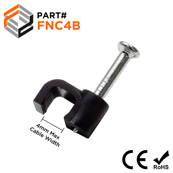 FNC4B - Nail In Cable Clips, Cable Nails Tacks, Flat, 4mm, 0.16", Black, 100 Pieces
