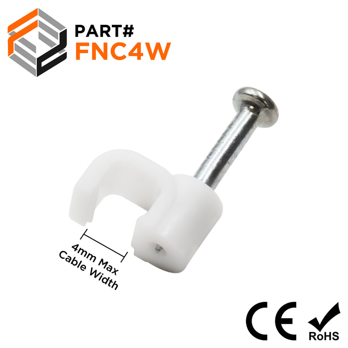 FNC4W - Nail In Cable Clips, Cable Nails Tacks, Flat, 4mm, 0.16", White, 100 Pieces