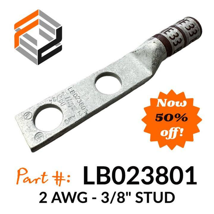 2 AWG Long Barrel 2-Hole Compression Lug, 3/8" Stud - Huya #: LB023801