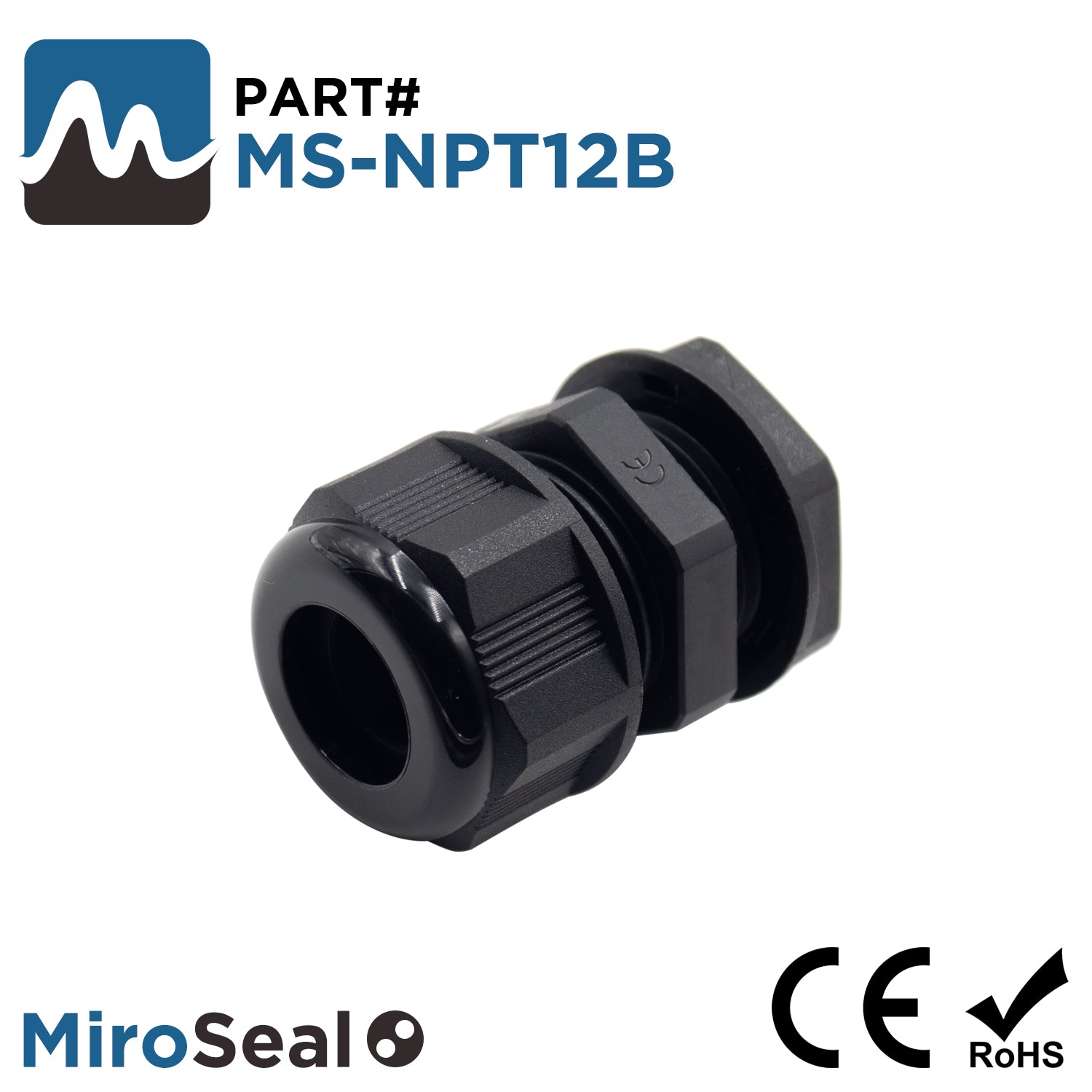 MS-NPT12B - MiroSeal 1/2" NPT Thread Nylon Cable Gland, Black, Range: 1/4" to 1/2", IP68, IP69K - 1 Piece