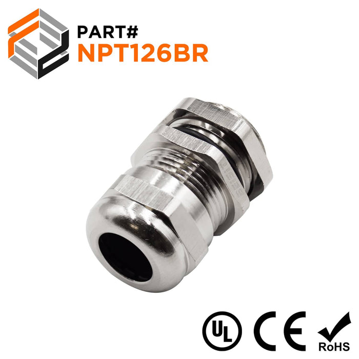 1/2" NPT Thread Nickel Plated Brass Cable Gland w/ Nut, IP68, 6-12mm Range, UL Approved - NPT126BR - Ferrules Direct
