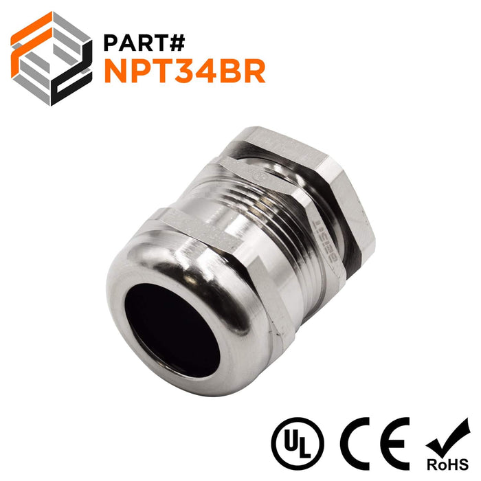 3/4" NPT Thread Nickel Plated Brass Cable Gland w/ Nut, IP68, 13-18mm Range, UL Approved - NPT34BR - Ferrules Direct