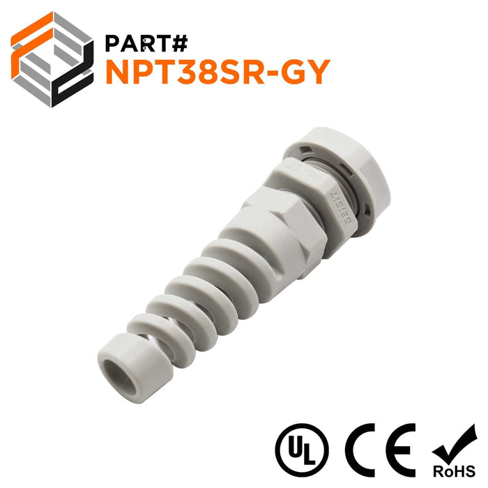 3/8" Gray NPT Nylon Cable Gland & Nut, Strain Relief, IP68, 5-10mm Range, NPT38SR-GY - Ferrules Direct