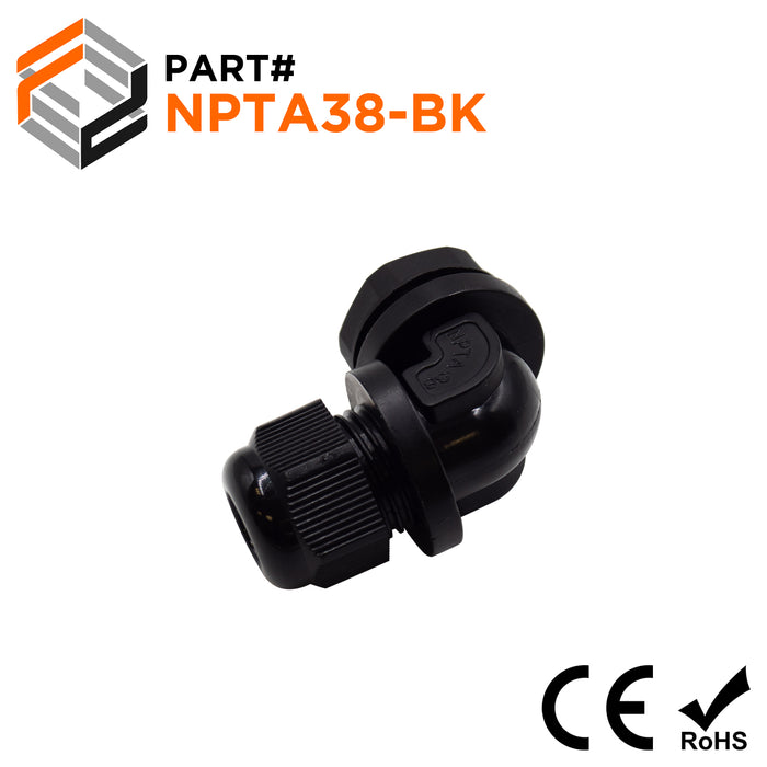 3/8" NPT Thread Nylon Cable Gland, Black, Right Angle, IP68, 5-9mm Range, - NPTA38-BK
