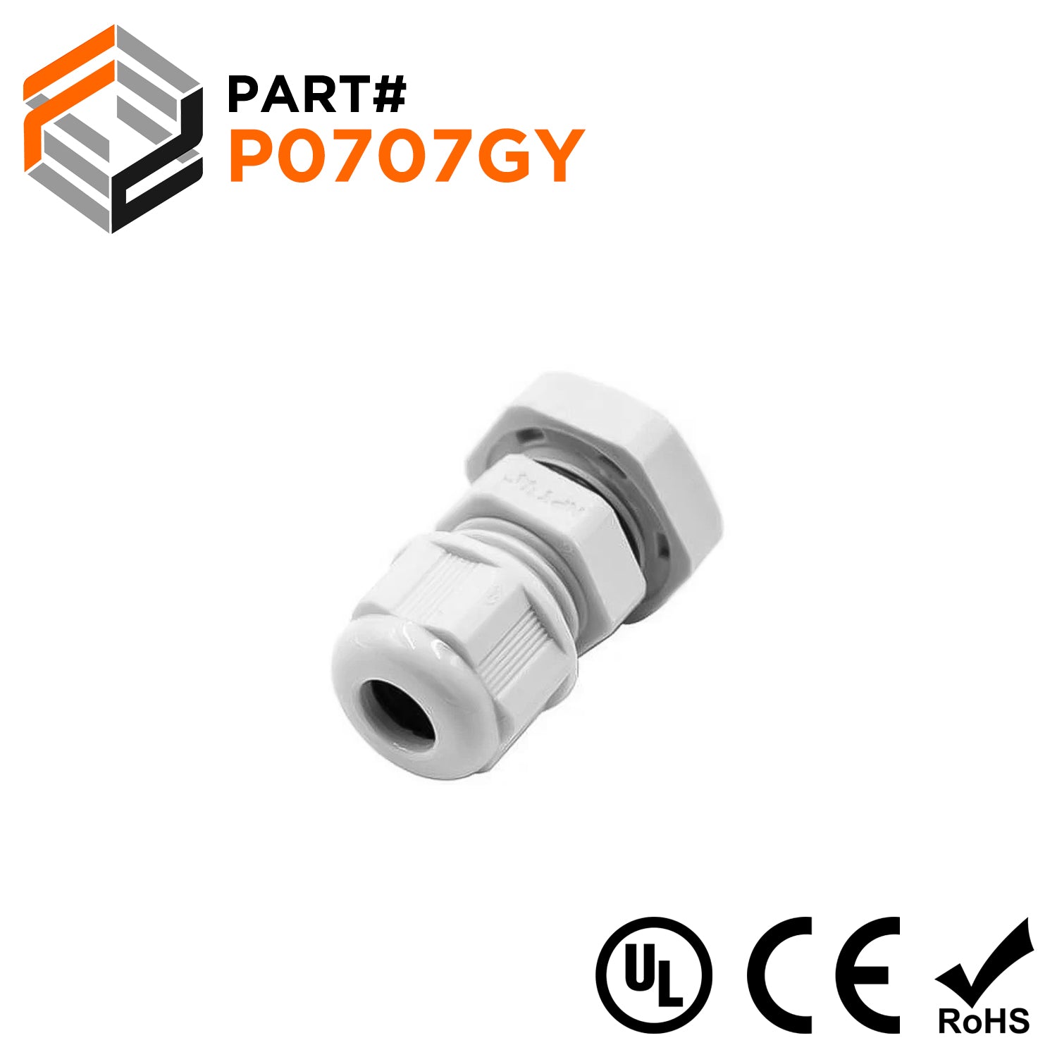 P0707GY - PG7 Thread Nylon Cable Gland, Gray, Range: 1/8" to 1/4", UL Listed, IP68, IP69K -  1 Piece
