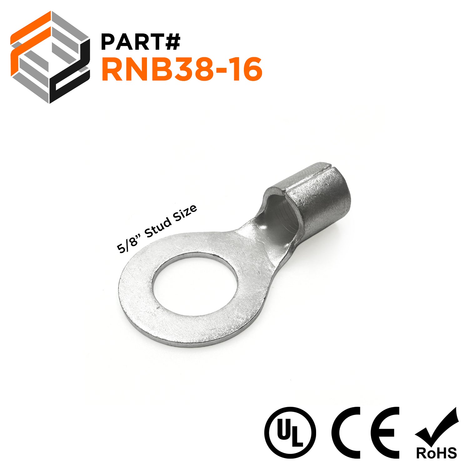 RNB38-16 - 2 AWG Non Insulated Ring Terminals, 5/8" Stud, UL Recognized, 10 Pieces