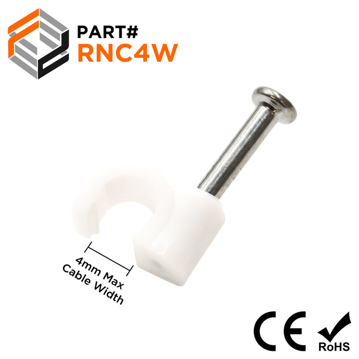 RNC4W - Nail In Cable Clips, Cable Nails Tacks, Round, 4mm, 0.16", White, 100 Pieces